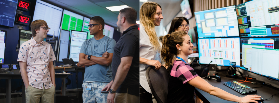 Side by side images of employees working at trading desks