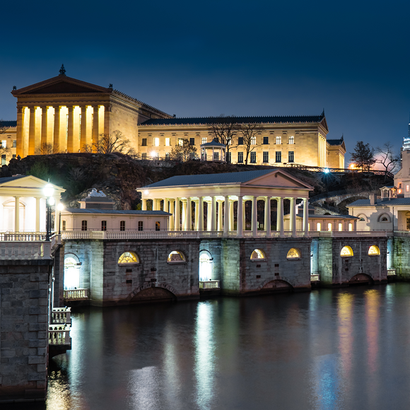 A nighttime shot of the Philadelphia Art Museum